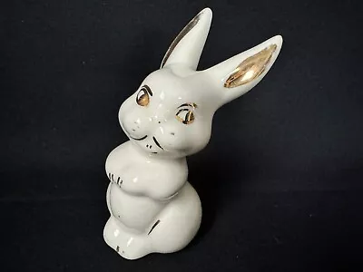 Vintage Bunny Rabbit Cotton Ball Dispenser Holder Vanity Figurine Gold Accent • $11.99