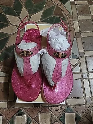 Women MK Michael Kors MK Plate Jelly Buckle Up Flat Sandals Glitter French Pink • $30