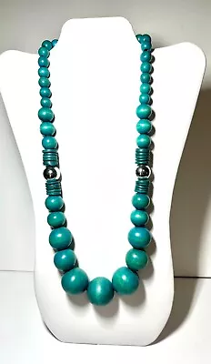 Large Wood Beaded Turquoise Color Necklace Silver Color Beads 18  • $9.99