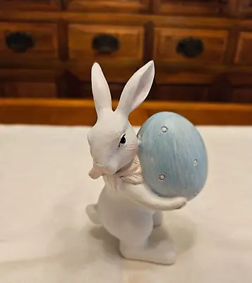 VTG White Ceramic Small Easter Bunny Rabbit Figurine Holding An Easter Egg 41/4  • $2.50
