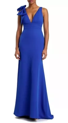 Mac Duggal Royal Blue Bow Shoulder V-Neck Gown $298 New Size 16 • $149.99