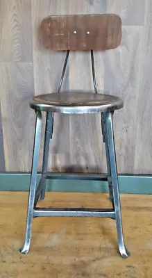 Antique Industrial Factory Stool Adjustable Back Wood Seat - USA • $129