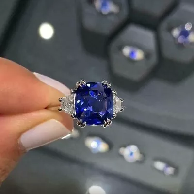 $96.60 • Buy 3 Ct Cushion Cut Blue Sapphire Halo Engagement Ring In 14K White Gold Plated