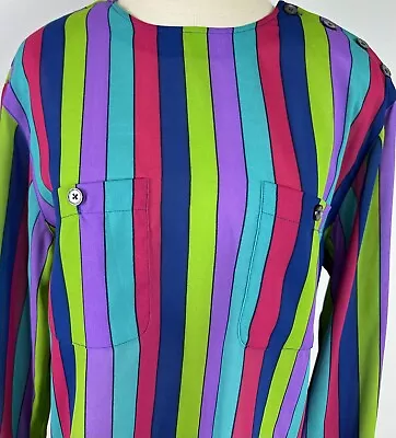 Vintage 90s Jewel Tone Striped Secretary Blouse M Boxy Modern Art Colorful FLAW • $6