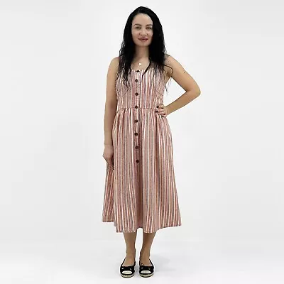 £14.95 • Buy Womens Striped Multicolour Summer Linen Midi Dress Button Front Size 8 - 22