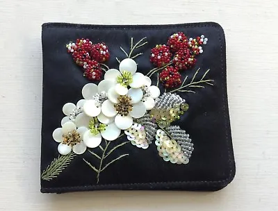 Black Satin Wallet Embellished W/ Floral Design Of Shells Sequins + Beads • $13