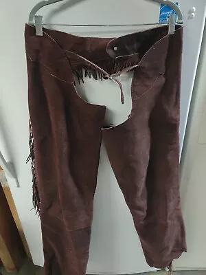 Chocolate Brown Leather Suede Chaps Western Fringed Full Zippers Extenders Used • $50