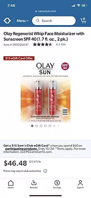 Olay Regenerist Whip Moist With SPF 40 1.7 Fluid Ounce (Pack Of 2) • $34