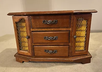 Vintage Sankyo Japan Wood Music Jewelry Box With Ring Organizer - Yellow Velvet • $25.99