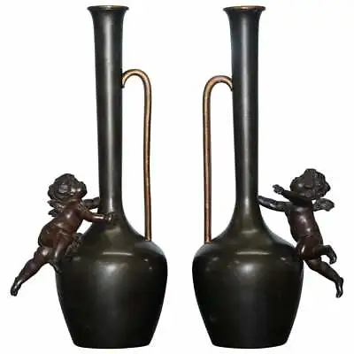 Pair Of 1930's Vintage Bronze Jug Vase Urns With Little Cherub Angles Nice Find • £600