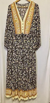 YOU AND ALL Sz16 Maxi Dress Long Sleeved Black Floral Elastic Waist Bohemian • $25