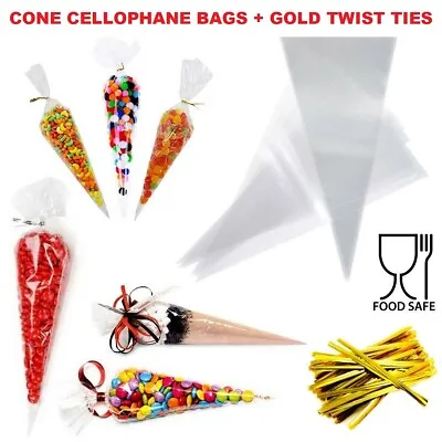 Cellophane Cone Sweet Bags Clear Plastic Cello Small Large Party Gift Twist Ties • £3.79