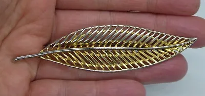 Vintage Costume Jewellery Signed HOLLYWOOD Large Gold Tone Leaf Brooch Pin • £6