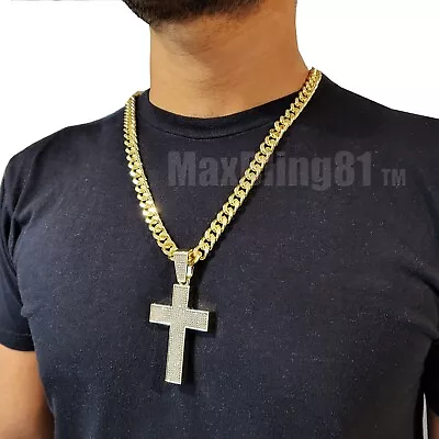 Hip Hop Jewelry Cubic Zirconia Iced Holy Large Cross & 10mm Cuban Chain Necklace • $26.99
