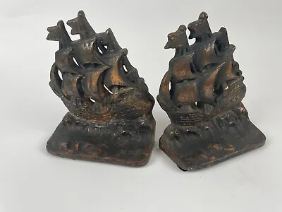 Vintage Pair Of Cast Iron Metal Nautical Sailing Clipper Ship Bookends • $12.99