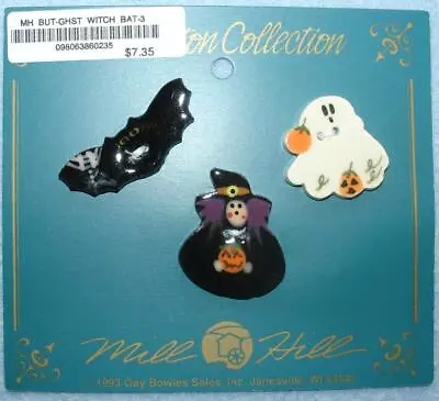 3 Novelty Ceramic MILL HILL  Halloween BUTTONS W/CARD NEW BAT WITCH GHOST Cute! • $6.50