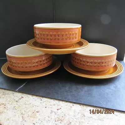 3 Vintage Hornsea Saffron Cereal Soup Bowls & Saucers 12cm Diameter - 1977. • £15