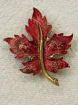 Mamselle Vintage Red Gold Tone Maple Leaf Brooch Pin Signed Large Bold • $4.99