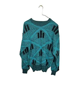 Vintage Funky Knitwear Sweater Size Medium Teal Black 90s Aztec • $25