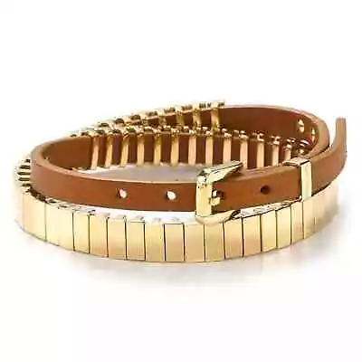 MICHAEL KORS Gold Plated Thin Link Double Wrap Camel Leather Bracelet • $45