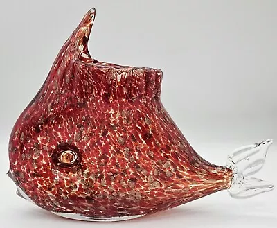 Vintage Red Gold Speck Fleck Art Glass Fish Vase Heavy Fish Paperweight 8 × 10 • $39.99