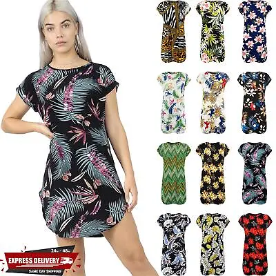 Ladies Womens Oversized Baggy Foral Printed Curved Hem Tunic T-Shirt Mini Dress • £2.49