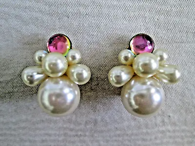 Vintage Wendy Gell Clip-on Earrings Pearl Cluster W/Pink Lucite Gold-tone 1.5 L • $19.95