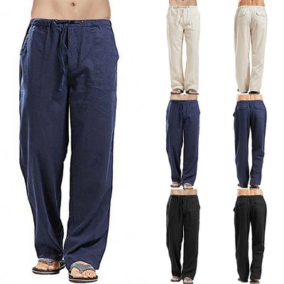 $19.59 • Buy Men's Cotton Linen Loose Pants Beach Sport Drawstring Elasticated Waist Trousers