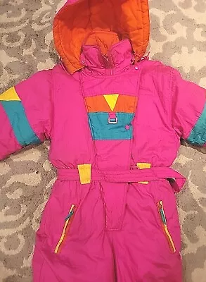 Vintage Ski Suit Girls Youth M 10/12 Neon Pink One Piece Colorblock Snow Bib • $29