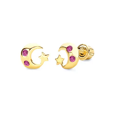 Wellingsale 14K Yellow Gold Crescent Moon And Star Stud Earrings • $49