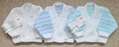 Hand Knitted Newborn Baby Boy's Crossover Style Cardigan White/Blue/Aqua Stripes • £7.50