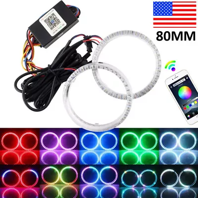 Set RGB 80MM COB LED Angel Eye Lights Halo Rings Phone APP Control Headlight DRL • $32.98