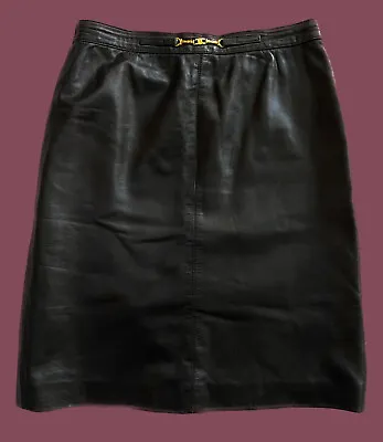 CELINE⚡Black Leather Triomphe Gold Accent Buckle Archive Vintage Skirt Size 40 • $299.99