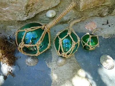 £19.99 • Buy Jade Green Glass Fishing Boat Net Floats -Buoys Set Of 3 Blown Balls Bathroom D