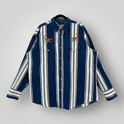 VTG Wrangler Shirt Blue Mens XL Pearl Snap Striped Embroidered Scorpions Western • $29.95