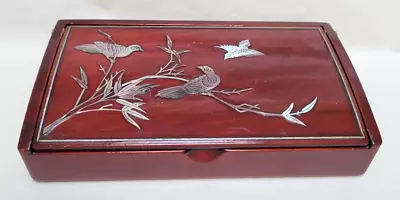 Vintage Korean Lacquered Hinged Mother Of Pearl Inlay Jewelry Trinket Box Birds • $31.99