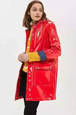 Women's Red PVC Vinyl Trench Jacket Hoodie Coat Raincoat Waterproof All Sizes • $82.49