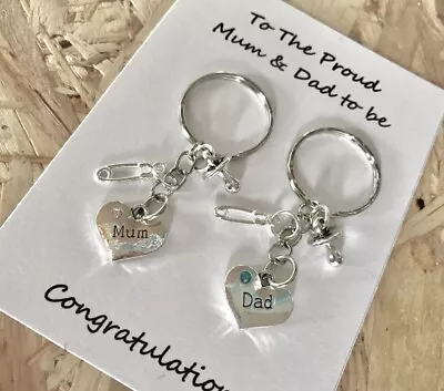 The Proud Mum Dad To Be Pregnancy Charm Keyrings - Baby Shower Gift Dummy Pin • £7.30