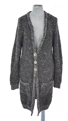 N Willow Long Cardigan Chunky Knit Black Melange Wool Alpaca Acrylic Blend Italy • £22.99