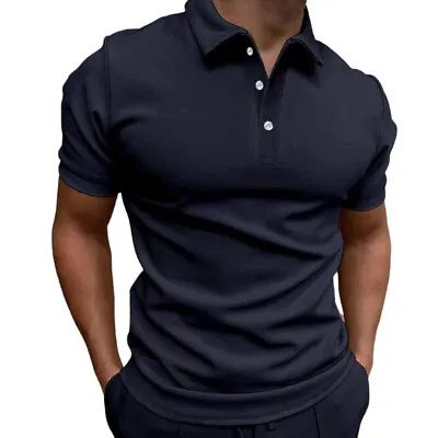 Mens Short Sleeve Polo Shirt Casual Slim Fit Solid Lapel Button T Shirt Tops • $18.28