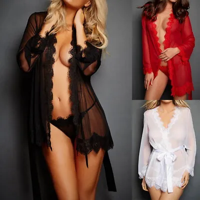 £5.69 • Buy Women Lace Sexy Sleepwear-Robe Bathrobe Lingerie Babydoll Night Gown G-string