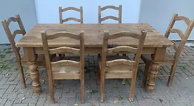 Antique Solid Pine Farmhouse Table 6ft  And 6 Chairs Kitchen/Dining Set 3 Panel • £290