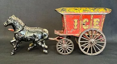 Antique ORIGINAL Cast Iron Horse Drawn Ice Wagon 12  DENT KENTON HUBLEY? • $114.95