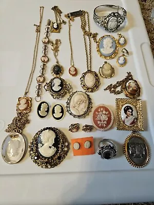 Vintage 21 Cameo Costume Jewelry Lot WHTING-DAVIS GF LIMOGES BRACELET Locket • $52