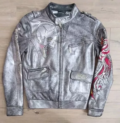 Ed Hardy By Christian Audigier Silver Embroidered Skull Jacket Size Medium • £69.99