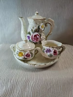 Miniature Tea Set Handmade Vtng. Elegant Rose Collection Gold Trimmed • $10.50