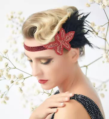 1920s Headband Red Roaring Beaded Black Feather Headpiece Flapper Great Gatsby • $9.99