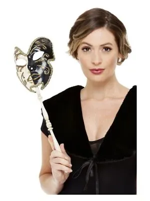 Elegant Black  Cream Venetian Mask With Stick - Perfect For Masquerade Ball • £7.93