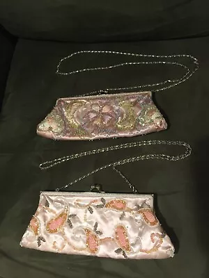 Lot 2 Vintage Pink Sequins Beaded Embroidered Evening Clutch With Metal Strap • $20