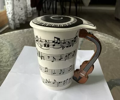 Music Coffee Mug With Piano Keys Lid And Violin Handle Holds 13 Ounces • $8